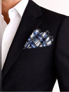 Vinatge Carnaval 100% silk Italian Blue and Silver Patterned Pocket Square